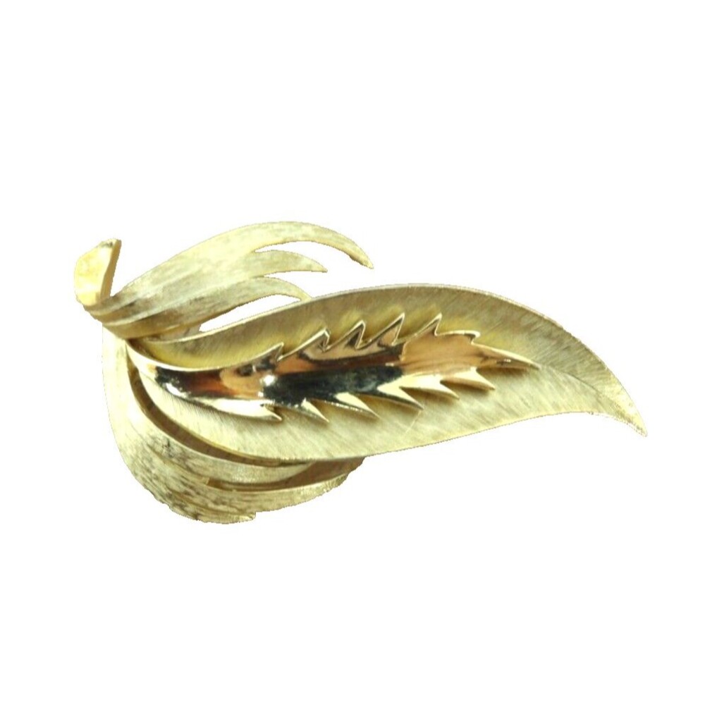 Trifari Vintage Gold Tone Brushed and Smooth Large Leaf Swirl Brooch Scarf Pin